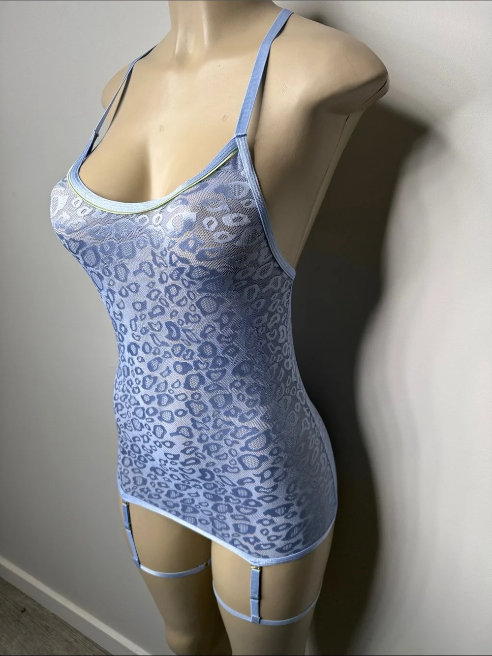 Blue Sheer Leopard Lace Slip with Garter Straps - Women's Intimates